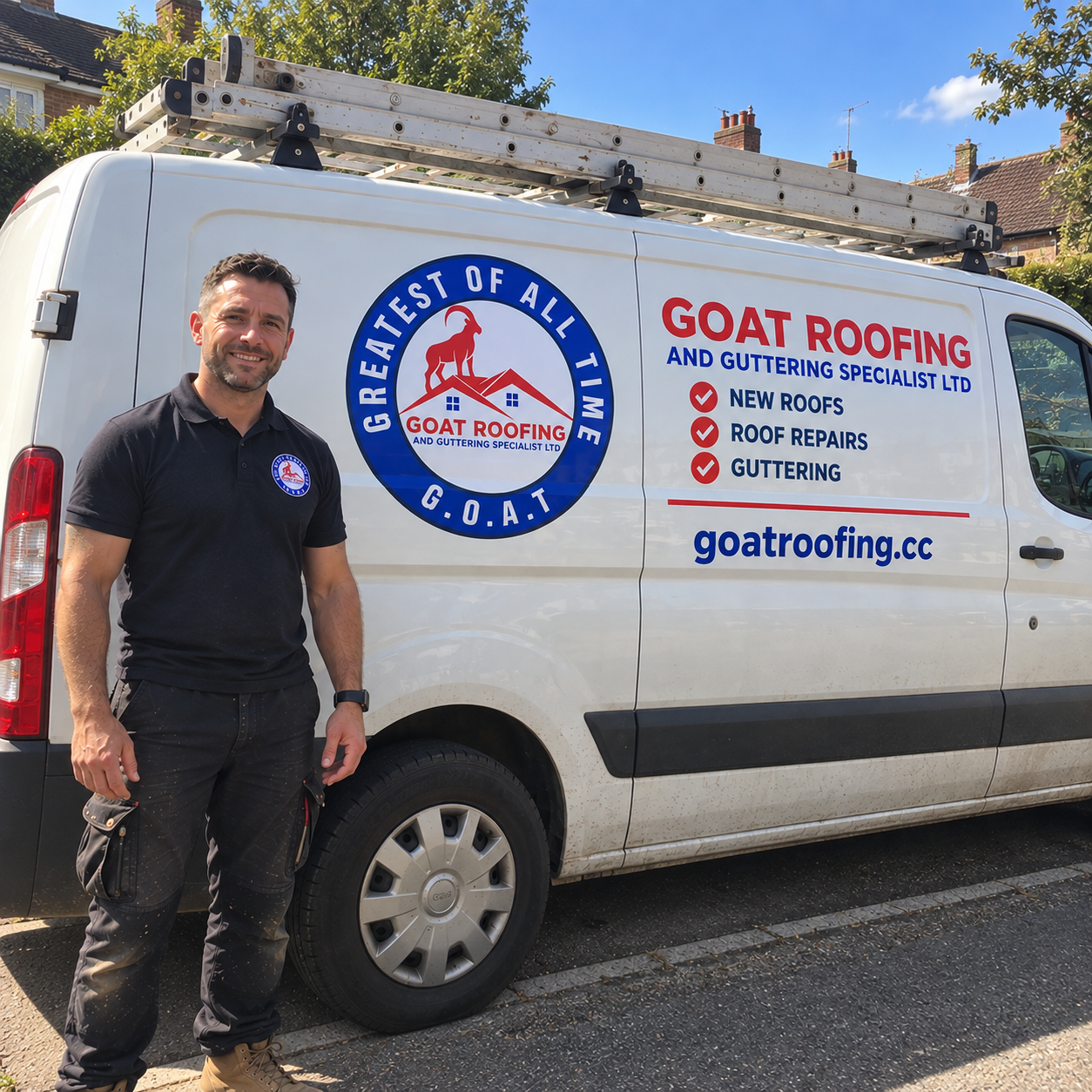 Paul, owner of GOAT Roofing, with the GOAT Roofing van